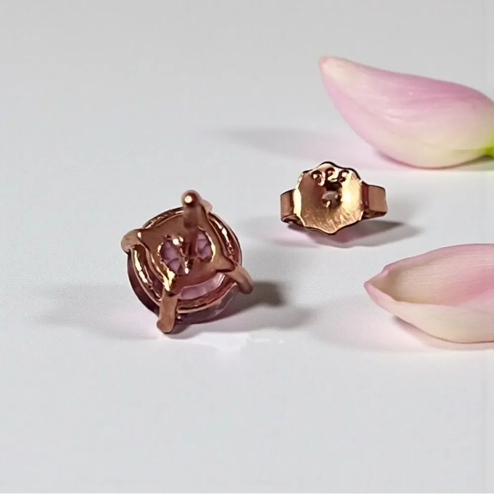 Cute Rose Gold Over Sterling Silver Round Amethyst Stud Earrings